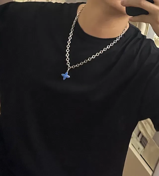 Louis Vuitton Floral Pendant Blue Silver Link Chain Enamel Flower Necklace 7