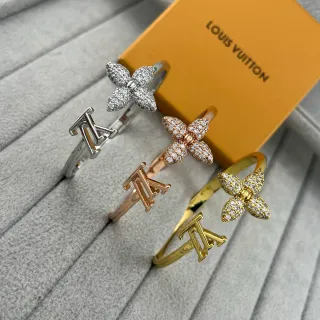 Louis Vuitton Anillo de Flor y Monogram Oro Plata Pavé-Set Motivo Floral Banda Abierta Anillo de Letra