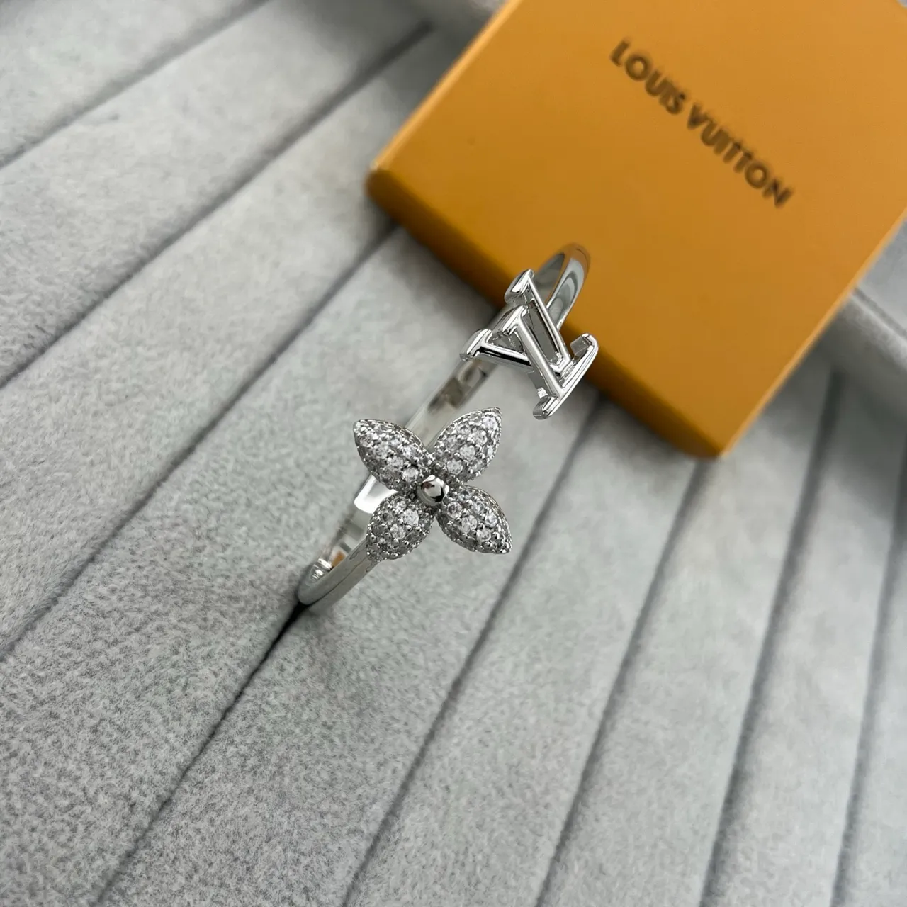 Louis Vuitton Flower and Monogram Ring Gold Silver Pavé-Set Floral Motif Open-Band Letter Ring 5