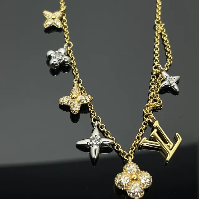 Louis Vuitton Flower Collection Multi-Charm Pavé Crystal Gold and Silver Necklace 3