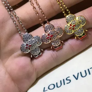 Louis Vuitton Flower Gold Red Pavé-Crystal Floral Pendant Enamel-Accented Necklace