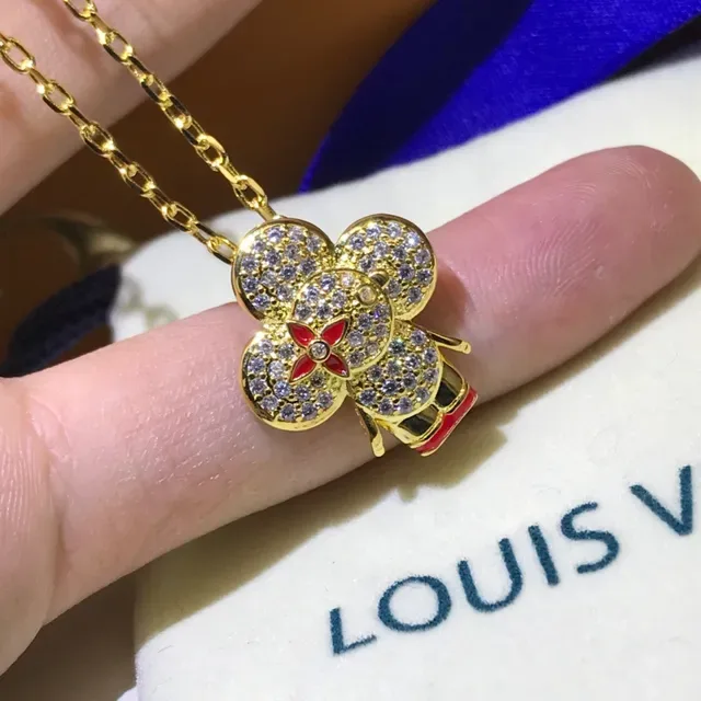Louis Vuitton Flower Gold Red Pavé-Crystal Floral Pendant Enamel-Accented Necklace 3