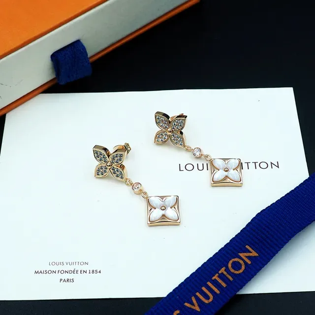 Louis Vuitton Flower Gold White Dangling Earrings 3
