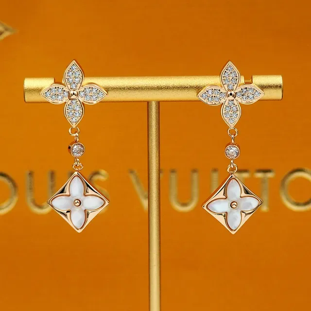 Louis Vuitton Flower Gold White Dangling Earrings 4