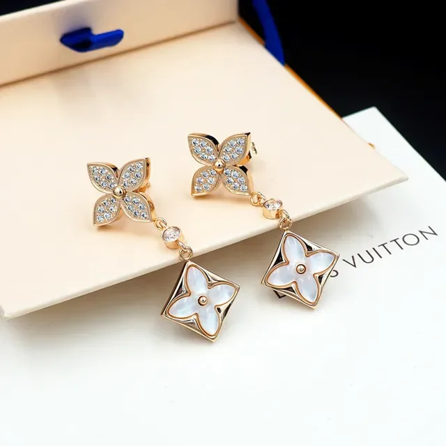 Louis Vuitton Flower Gold White Dangling Earrings 6