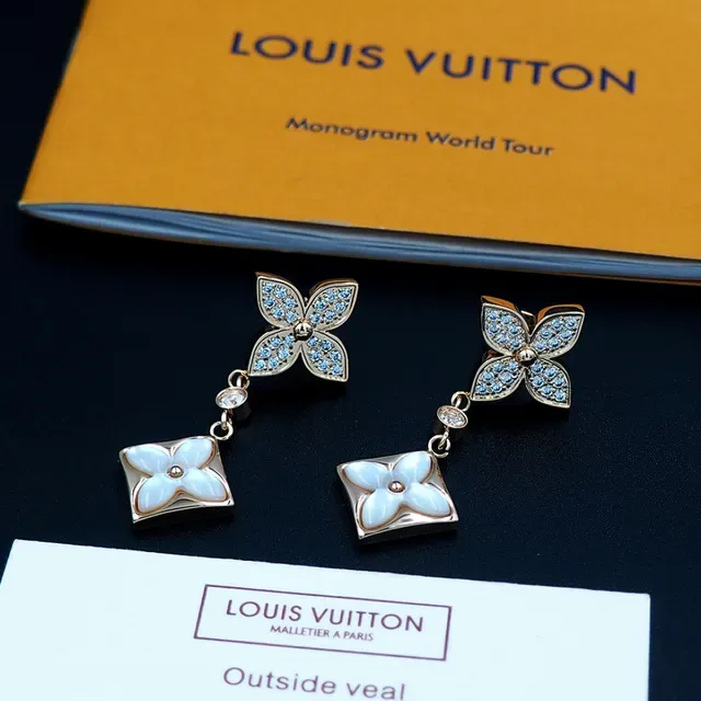 Louis Vuitton Flower Gold White Dangling Earrings 7
