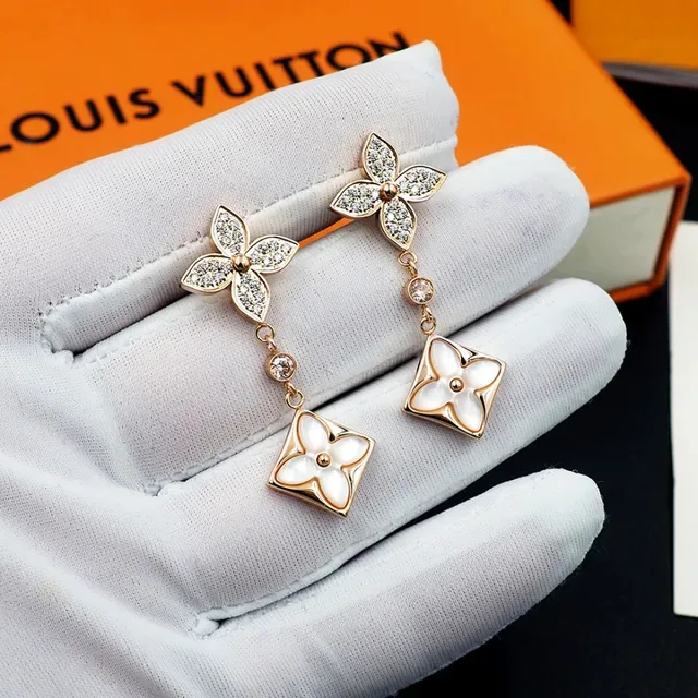 Louis Vuitton Flower Gold White Dangling Earrings 8