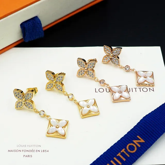 Louis Vuitton Flower Gold White Dangling Earrings 10
