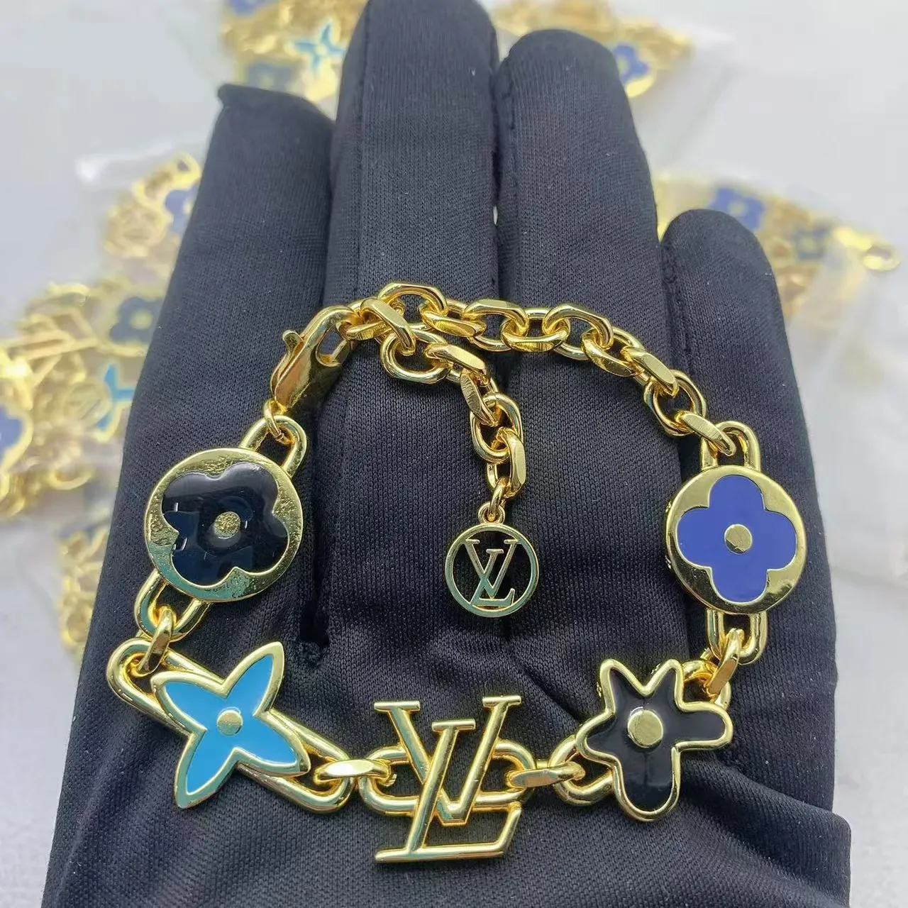 Louis Vuitton Flower Motif Enamel and LV Logo Chain Bracelet 2