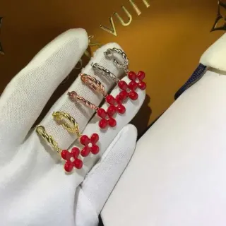 Louis Vuitton Flower Motif Red Gold Twisted Metal Hoops Enamel Charms Earrings