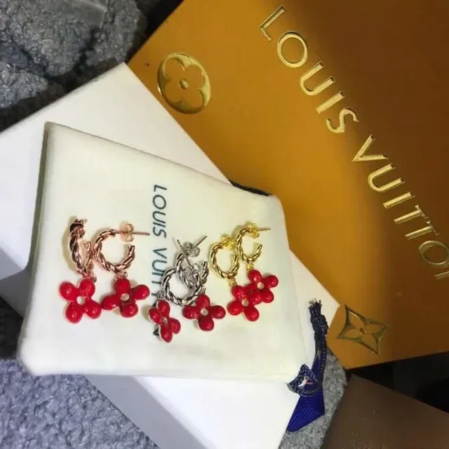 Louis Vuitton Flower Motif Red Gold Twisted Metal Hoops Enamel Charms Earrings 3