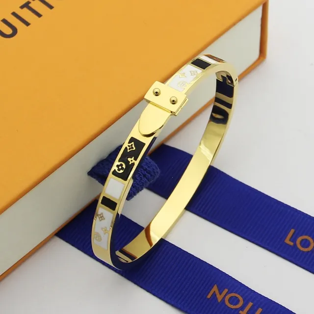 Louis Vuitton Gold Black Hinged Bangle Enamel Inlay Bracelet 2