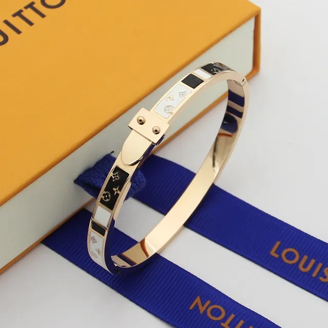 Louis Vuitton Gold Black Hinged Bangle Enamel Inlay Bracelet 4
