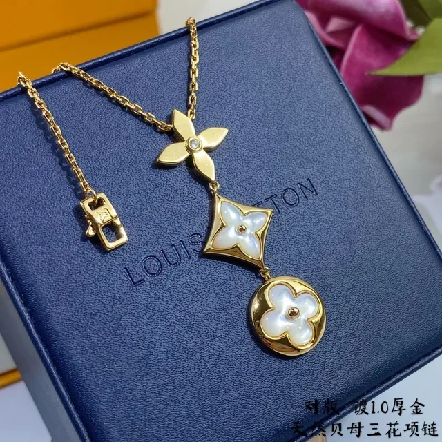 Louis Vuitton Gold Blue Metal Three-Charm Pendant Necklace 4