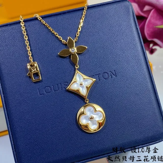 Louis Vuitton Gold Blue Metal Three-Charm Pendant Necklace 8