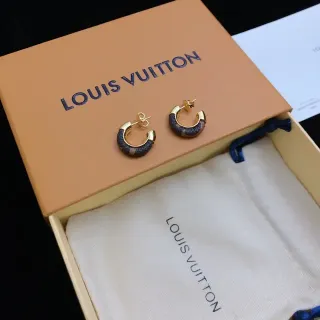 Louis Vuitton Gold Navy C-Shaped Hoops Metal Earrings