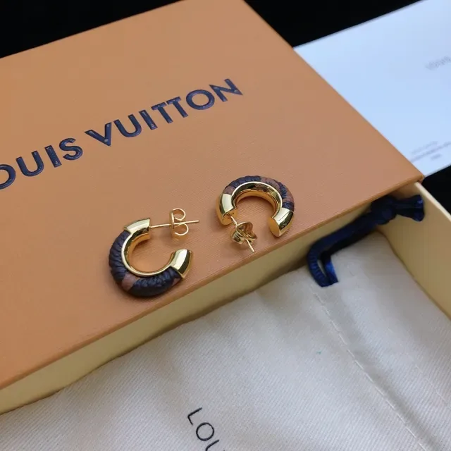 Louis Vuitton Gold Navy C-Shaped Hoops Metal Earrings 2