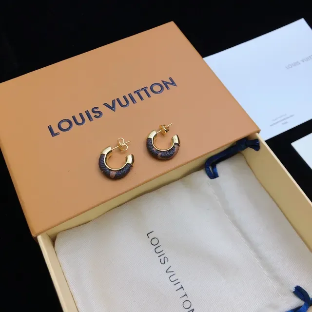 Louis Vuitton Gold Navy C-Shaped Hoops Metal Earrings 3