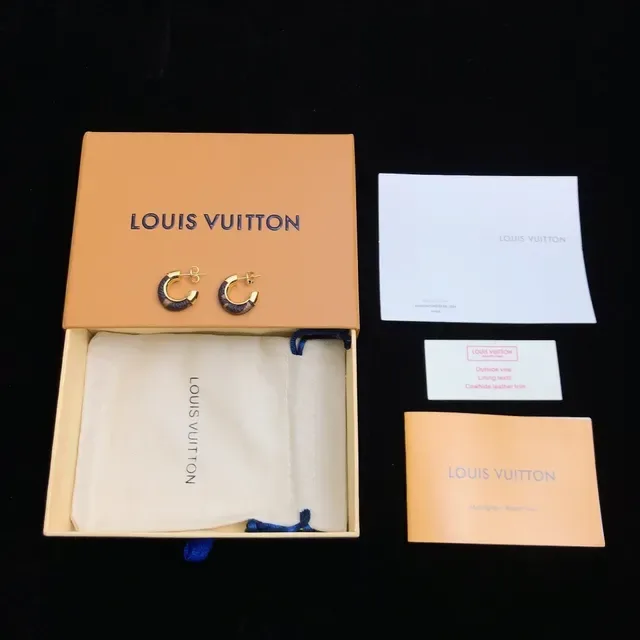Louis Vuitton Gold Navy C-Shaped Hoops Metal Earrings 4