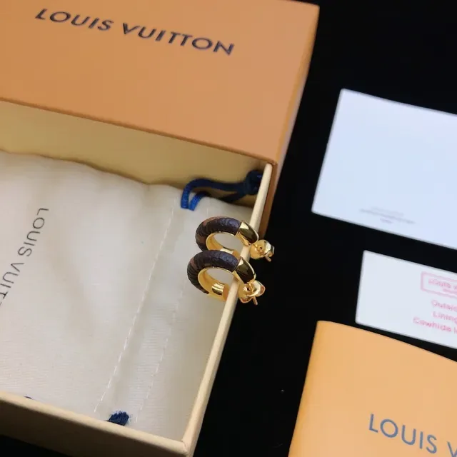 Louis Vuitton Gold Navy C-Shaped Hoops Metal Earrings 5