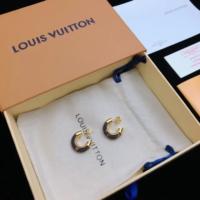 Louis Vuitton Gold Navy C-Shaped Hoops Metal Earrings 6