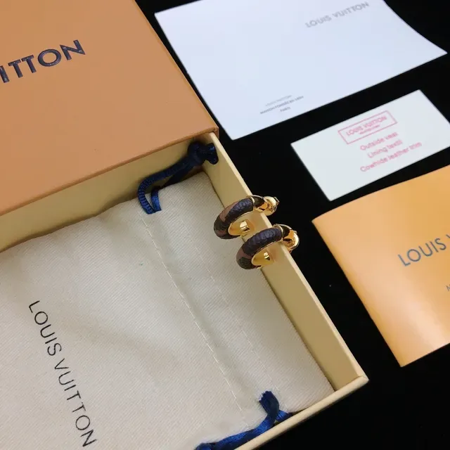 Louis Vuitton Gold Navy C-Shaped Hoops Metal Earrings 8