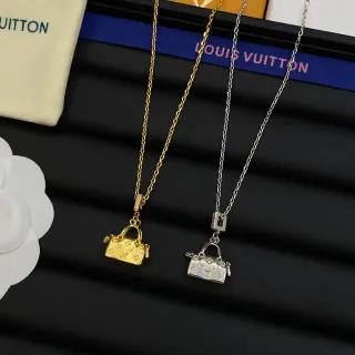 Louis Vuitton Gold Silver Miniature Handbag Pendant Monogram-Engraved Necklace