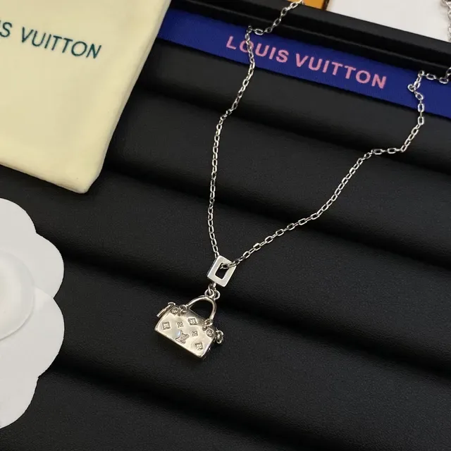 Louis Vuitton Gold Silver Miniature Handbag Pendant Monogram-Engraved Necklace 4