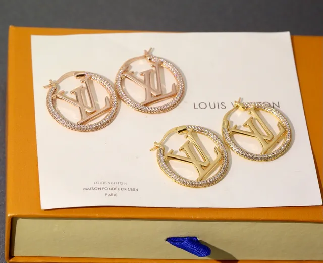Louis Vuitton Gold Silver Monogram-Cutout Pavé-Crystal Hoop Earrings 2