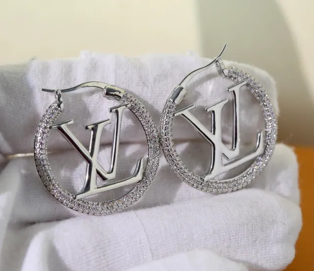 Louis Vuitton Gold Silver Monogram-Cutout Pavé-Crystal Hoop Earrings 4