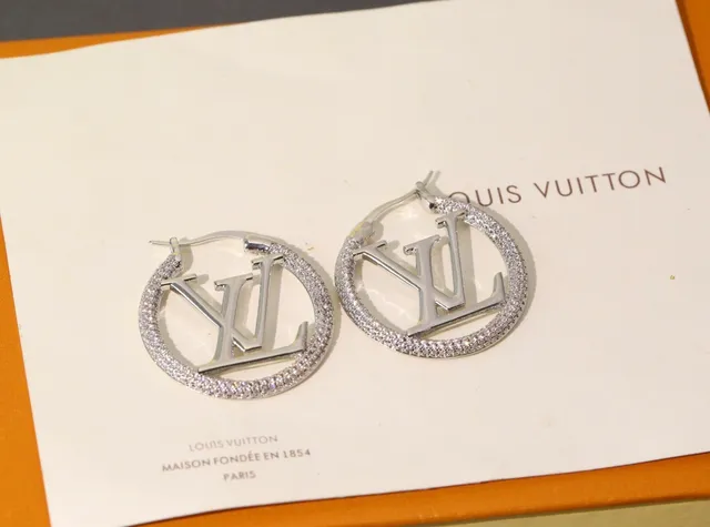 Louis Vuitton Gold Silver Monogram-Cutout Pavé-Crystal Hoop Earrings 7