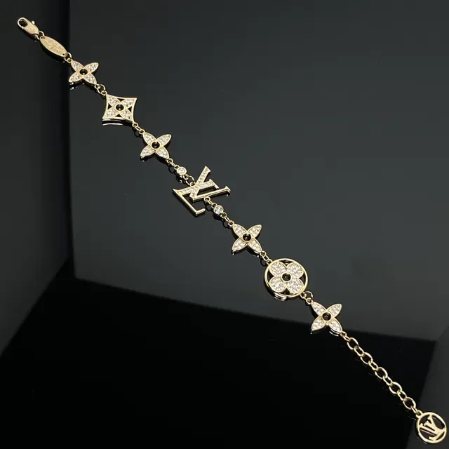 Louis Vuitton Gold Silver Pavé-Crystal Embellished Monogram-Linked Bracelet 2
