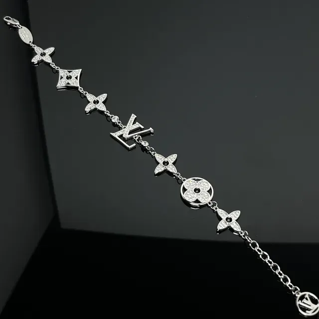 Louis Vuitton Gold Silver Pavé-Crystal Embellished Monogram-Linked Bracelet 4