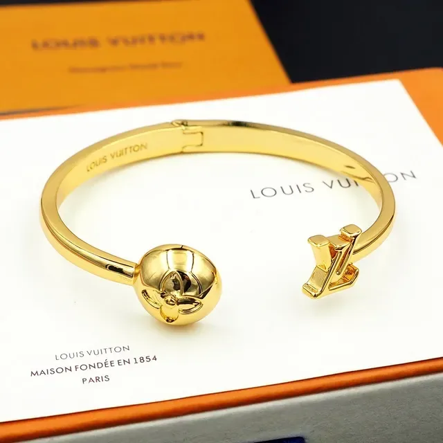 Louis Vuitton Gold-Tone Floral Sphere LV Clasp Bangle Bracelet 8