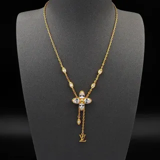 Louis Vuitton Gold Transparent Chain Floral Crystal Pendant Necklace