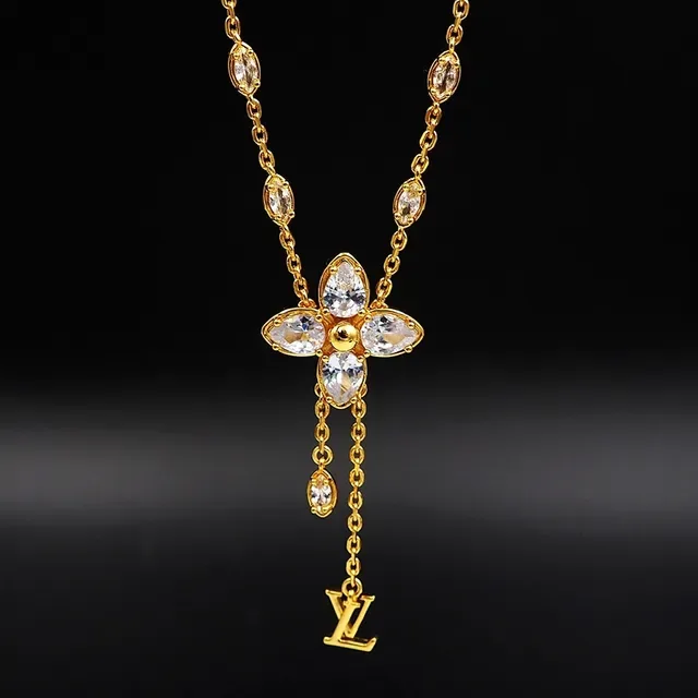 Louis Vuitton Gold Transparent Chain Floral Crystal Pendant Necklace 2