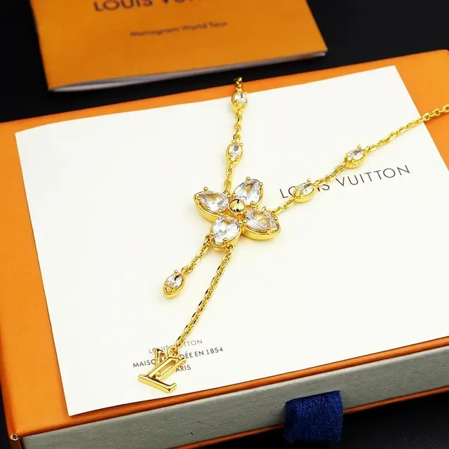 Louis Vuitton Gold Transparent Chain Floral Crystal Pendant Necklace 3