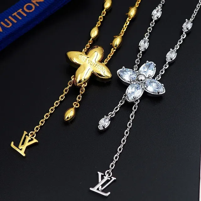 Louis Vuitton Gold Transparent Chain Floral Crystal Pendant Necklace 4