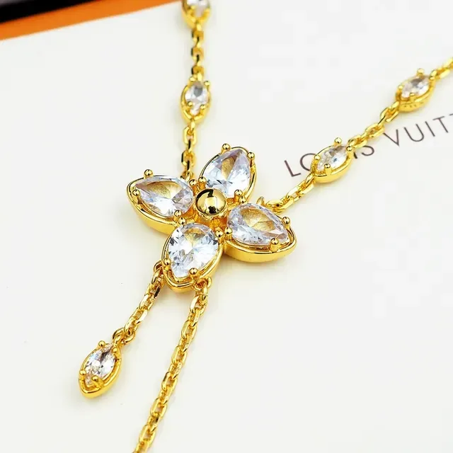 Louis Vuitton Gold Transparent Chain Floral Crystal Pendant Necklace 5