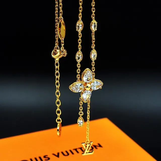 Louis Vuitton Gold Transparent Chain Floral Crystal Pendant Necklace 7