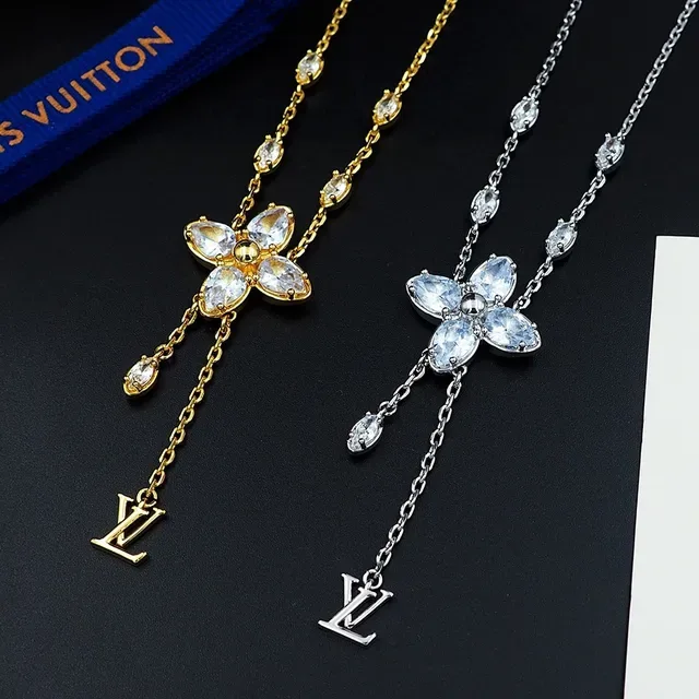 Louis Vuitton Gold Transparent Chain Floral Crystal Pendant Necklace 8