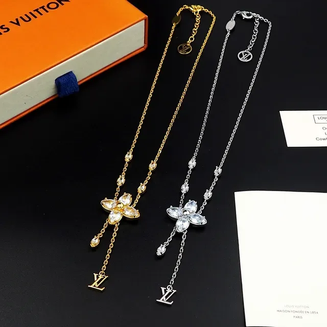 Louis Vuitton Gold Transparent Chain Floral Crystal Pendant Necklace 9
