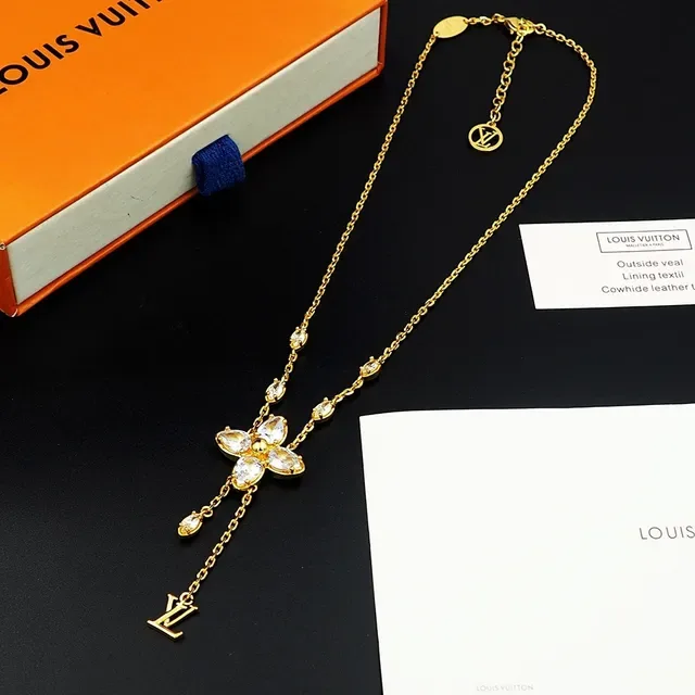 Louis Vuitton Gold Transparent Chain Floral Crystal Pendant Necklace 10
