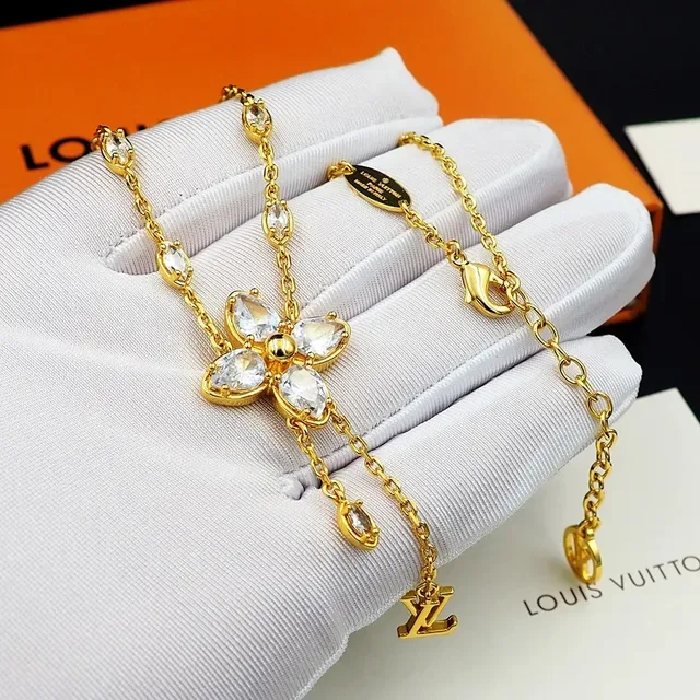 Louis Vuitton Gold Transparent Chain Floral Crystal Pendant Necklace 11