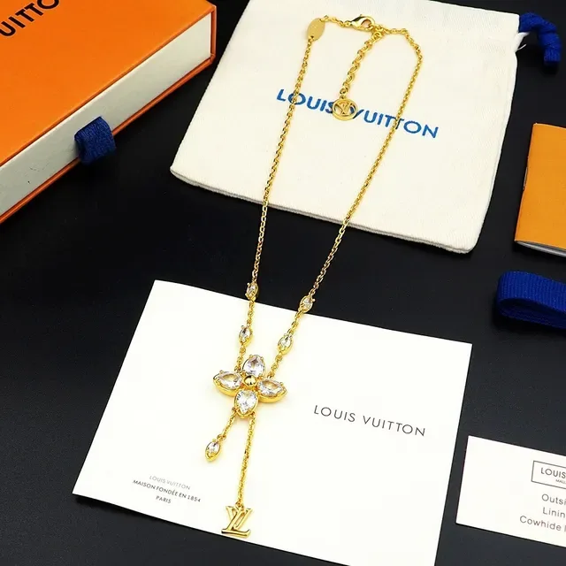Louis Vuitton Gold Transparent Chain Floral Crystal Pendant Necklace 12