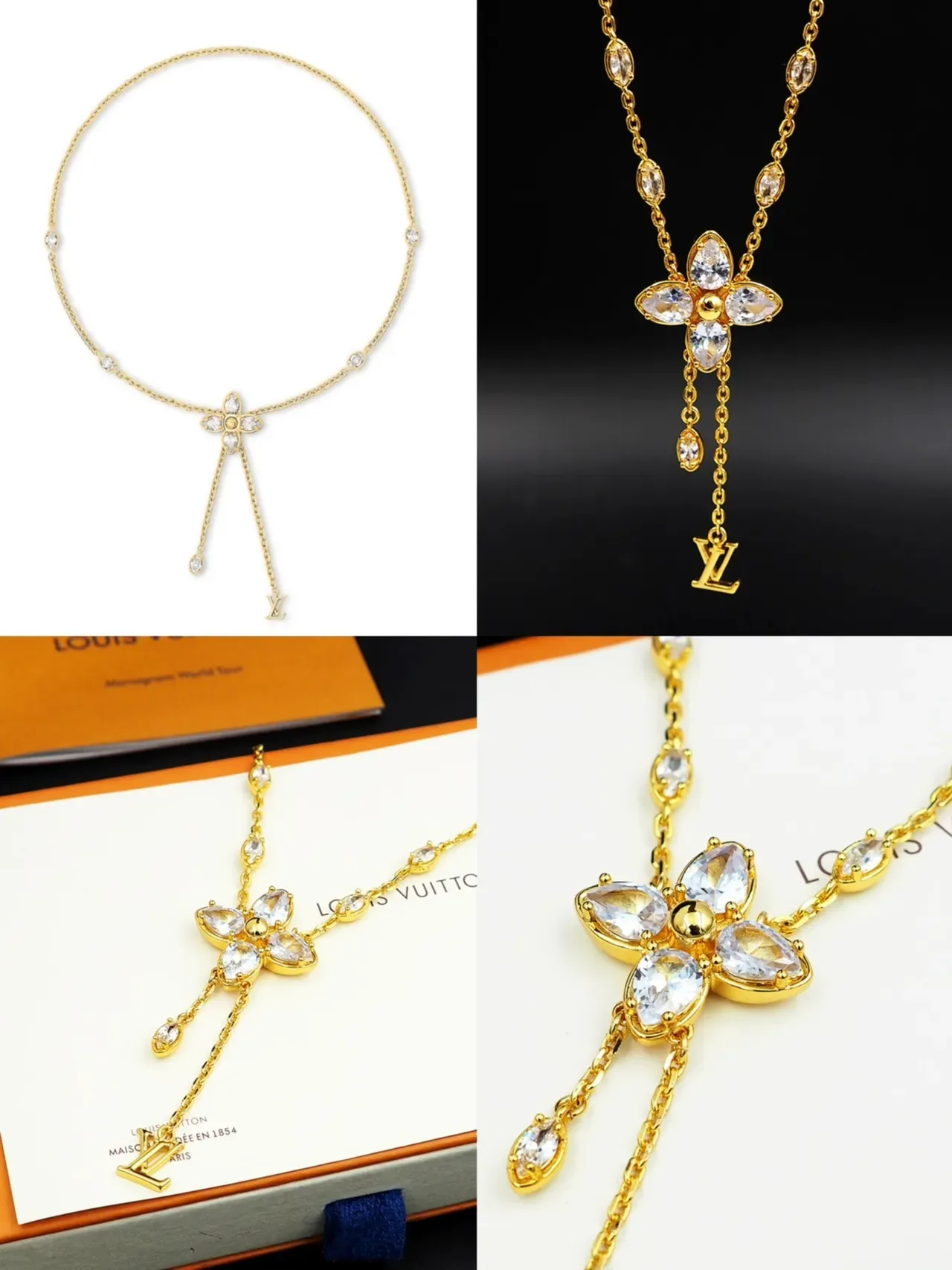Louis Vuitton Gold Transparent Chain Floral Crystal Pendant Necklace 14