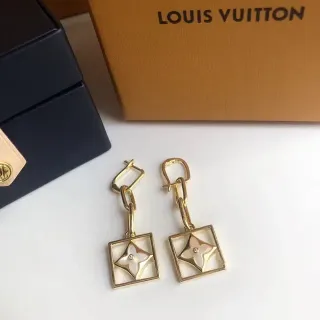 Louis Vuitton Gold White Square Drop Quatrefoil Floral Motif Earrings