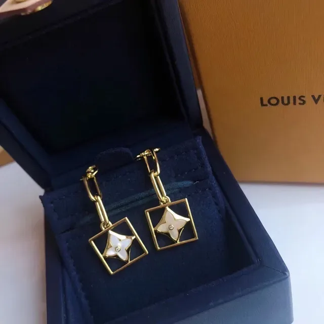 Louis Vuitton Gold White Square Drop Quatrefoil Floral Motif Earrings 2