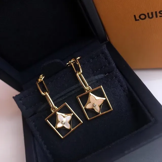 Louis Vuitton Gold White Square Drop Quatrefoil Floral Motif Earrings 4