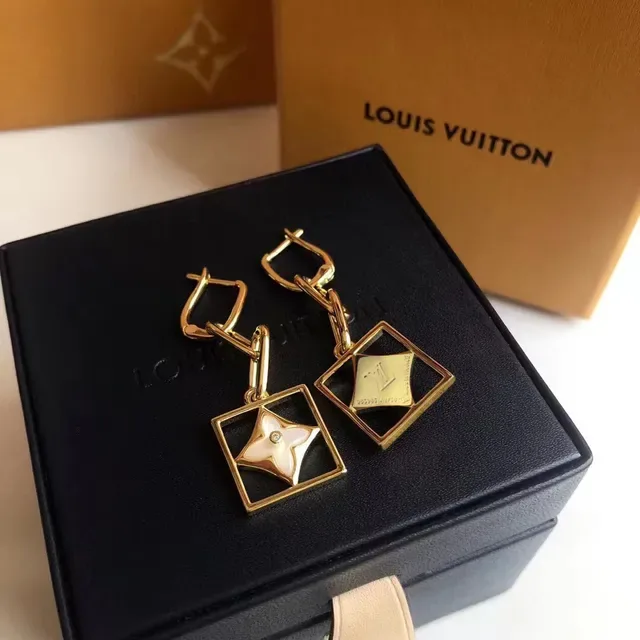Louis Vuitton Gold White Square Drop Quatrefoil Floral Motif Earrings 6